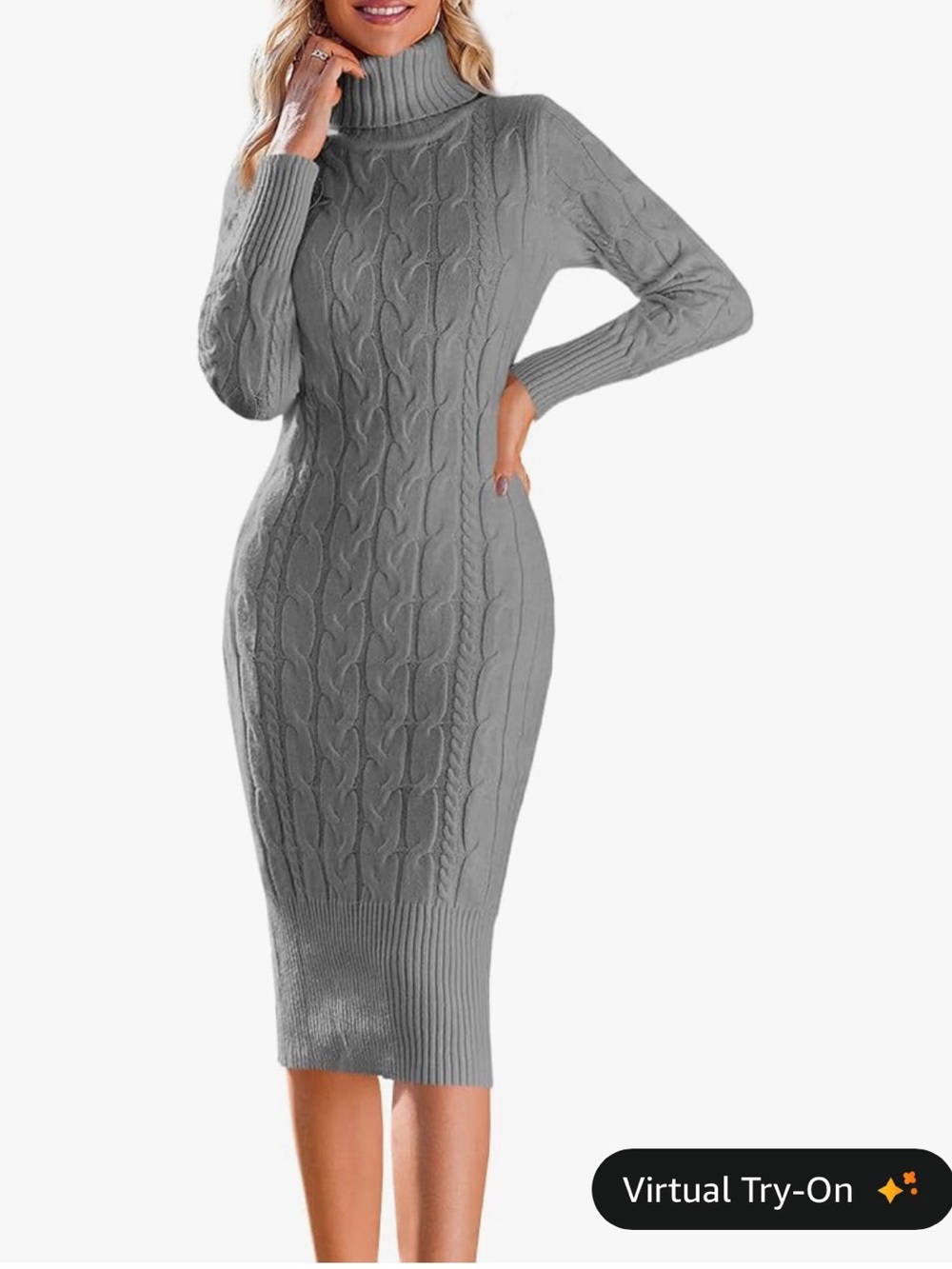Women's Gray Cable Knit Turtleneck Sweater Dress